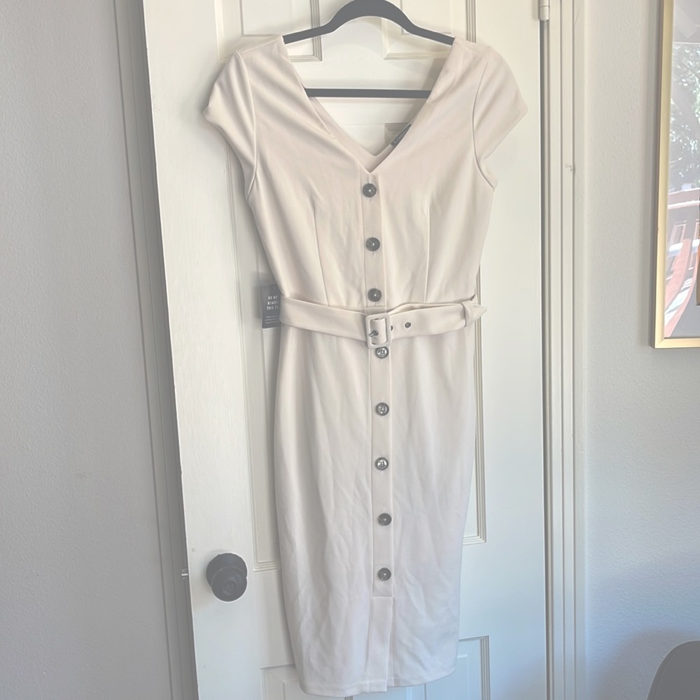 Cream, V-Neck Belted Dress